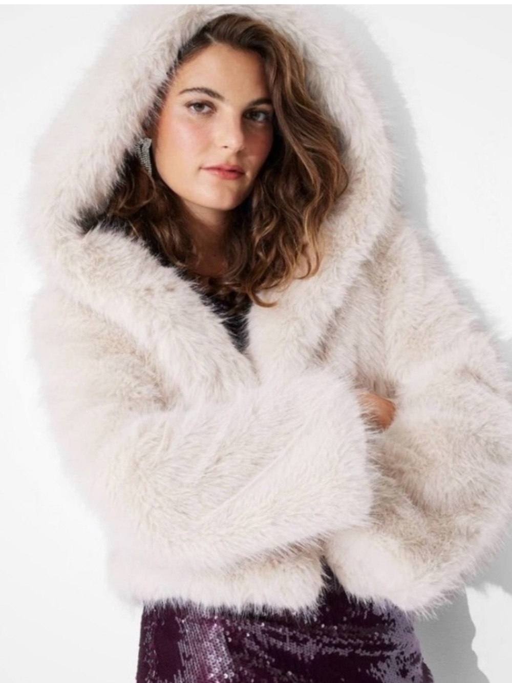 Women's Cropped Hooded Faux Fur Jacket - Wild Fable Cream Size Small NWOT